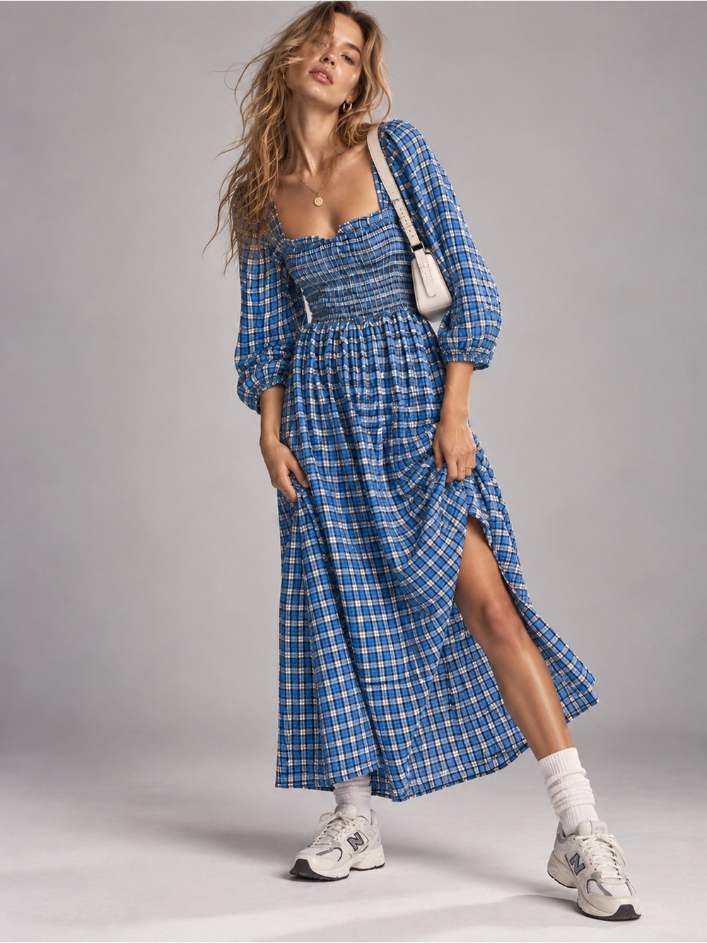 Ganni Blue Plaid Smocked Midi Dress